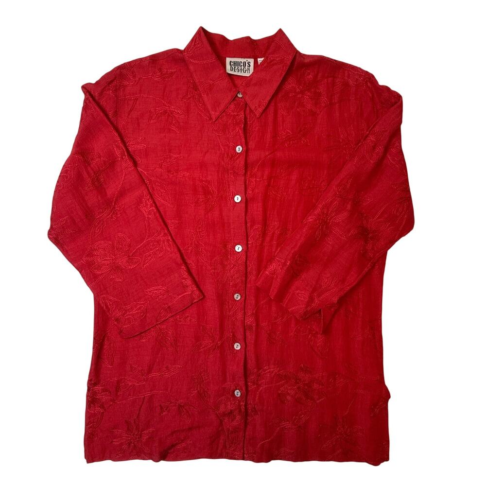 Chico’s Design Red Linen Silk Embroidered Button-Down Shirt Size 1